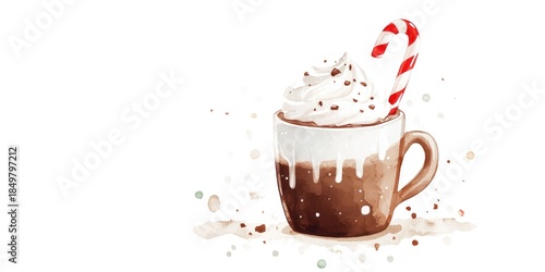Festive mug with whipped cream and candy cane in snowy winter wonderland