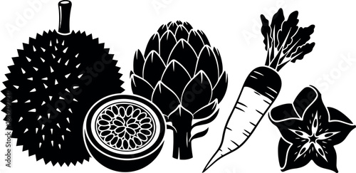 Black and white silhouette vector art of durian fruit sliced passion fruit artichoke carrot star anise spice ingredients composition
