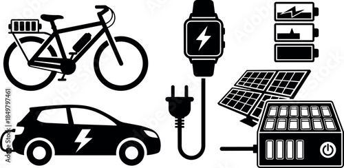 Black silhouette icons of electric car, electric bicycle, smartwatch charging, solar panels, and battery power bank