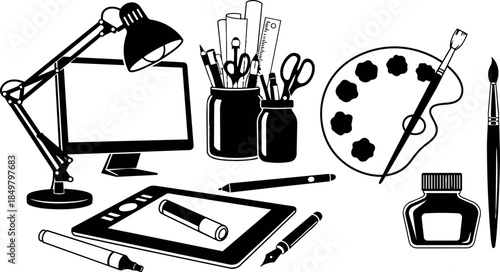 Black and white line art illustration of creative workspace with desk lamp computer paint palette ink bottle and drawing tools arranged neatly