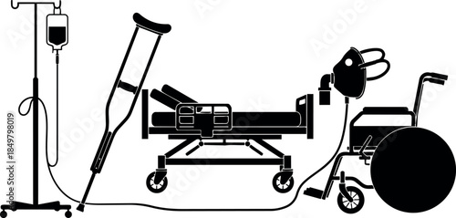 Black and white medical equipment silhouette including wheelchair crutch iv stand and hospital stretcher with foot brace close up side view vector art