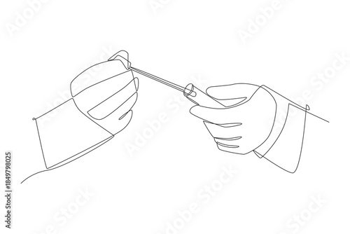 Hands doing blood dna test. Dna analysis concept one-line drawing