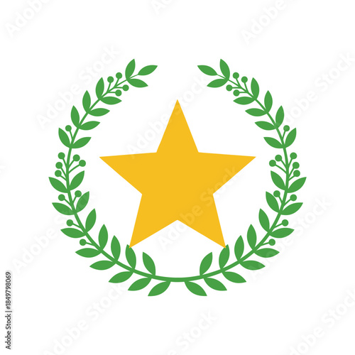 Illustrative emblem featuring a golden star encased by verdant laurel wreath design