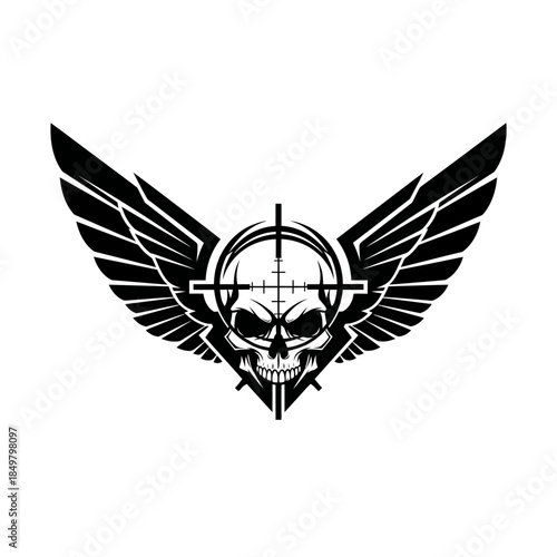 Symbolic emblem featuring winged skull with precision targeting evokes strength and death