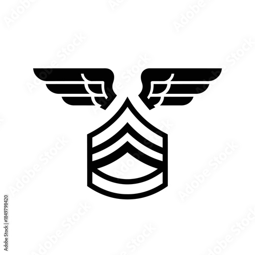Stylized military insignia graphic featuring wings and chevron symbol for authority  rank