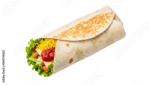 Isolated burrito with chicken and vegetables in tortilla wrap, Mexican food meal on table