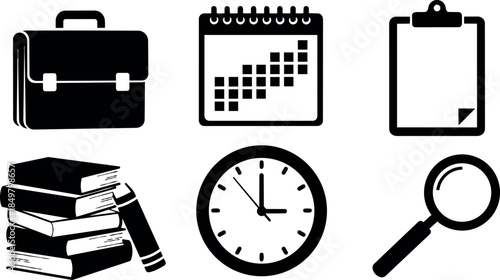 Black and white business icon set with briefcase calendar clipboard books clock magnifying glass flat design collection