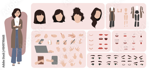 Business woman avatar creation suitable for animation. Generator, constructor of diverse views of eyes, lips, emotion expressions mouth animation and lip sync. Girl character face and body move.