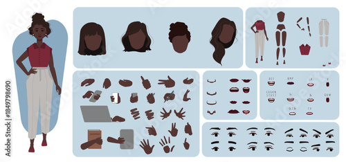 Business woman avatar creation suitable for animation. Generator, constructor of diverse views of eyes, lips, emotion expressions mouth animation and lip sync. Girl character face and body move.