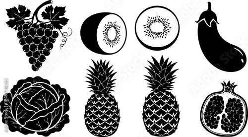 Black silhouette flat design of grapes kiwi eggplant cabbage pineapple and pomegranate fruits and vegetables set isolated