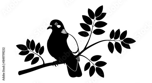 Simple black and white silhouette of a small songbird perched delicately on a leafy tree branch