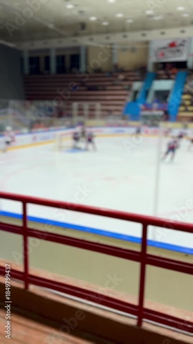 Hockey players play at the stadium. Fans watch the hockey match in the stands.