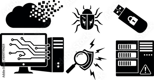 Flat design computer virus and data breach icons with bug usb flash drive and server error symbols in black silhouette style