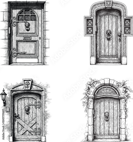 Old European Townhouse Door Architecture Etching Engraving Style Vector Icon Set Isolated Historic Facade Illustration