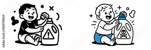 Children explore laundry detergent containers with caution