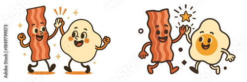Cheerful bacon and egg characters celebrating friendship together