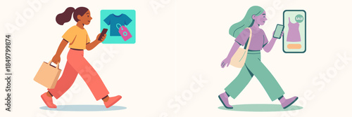 Vector illustration of two women shopping and using smartphones