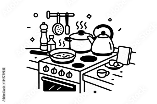 Cooking on a stove with pots and kitchen utensils in a modern kitchen