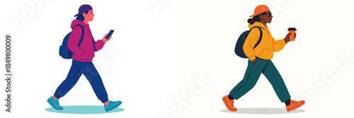 People walking in urban settings with casual attire and devices