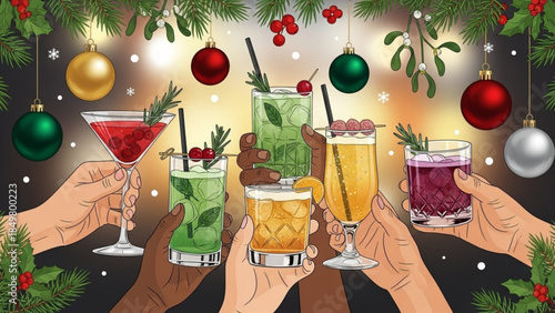 Holiday Cheers with Diverse Friends Enjoying Colorful Cocktails