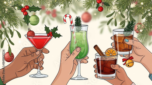 Holiday Cheer Cocktails - Four Friends Celebrating Christmas with Colorful Drinks and Festive Decorations