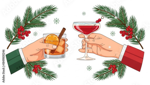 Holiday Cocktail Cheers with Festive Evergreen Branches and Delicious Drinks