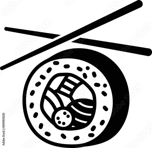 Sushi roll and crossed chopsticks Asian food. Japanese cuisine symbol. Oriental meal icon. Outline vector illustration for menu, restaurant, delivery service