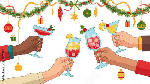 Festive Holiday Cheers with Colorful Cocktails and Diverse Friends