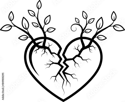 Broken heart with growing branches. Recovery and healing concept. Vector illustration.
