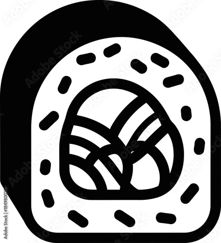 Sushi roll icon or symbol with seeds on top, an isolated black and white Asian food item from Japan. Vector graphic design illustration