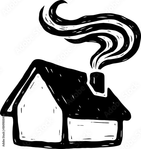 Hand-drawn outline house with smoke from chimney isolated on white background. Rustic home illustration, icon or symbol