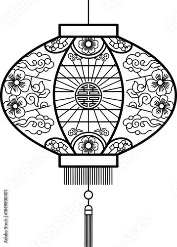 Chinese new year paper lantern with traditional pattern. Outline vector illustration for coloring book, holiday greeting card, banner, poster