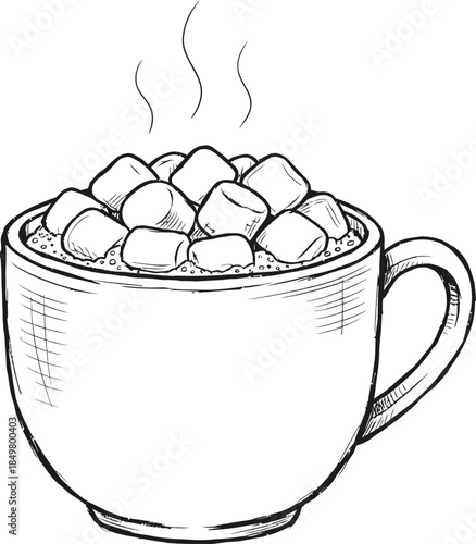 Warm hot chocolate or cocoa cup with marshmallow topping and steam. Doodle style. Hand drawn sketch vector art illustration for winter drink