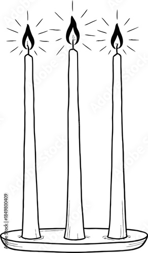 Three burning candle on a candlestick. Concept of light, warmth, memory, or celebration. Vector illustration for greeting card, holiday event, decoration