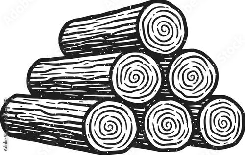 Stacked firewood log pile in doodle and retro style for outdoor and nature concept. Vector illustration for decor, lumber, camp, forest