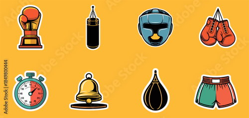 boxing equipment sticker collection with gloves, punching bag and headgear