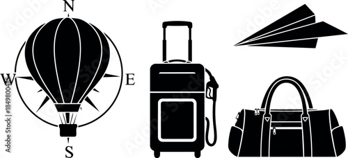 Black silhouette hot air balloon compass suitcase duffel bag and paper airplane icons set isolated
