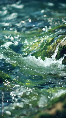 Flowing crystal water cascading over rocks in deep forest full of green moss.