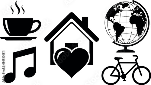 Black and white flat design icons of steaming coffee cup musical note house with heart globe and bicycle side view set