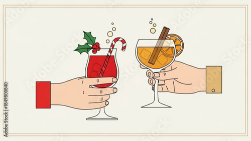 Festive Holiday Drinks with Candy Canes and Cinnamon Sticks in Glasses