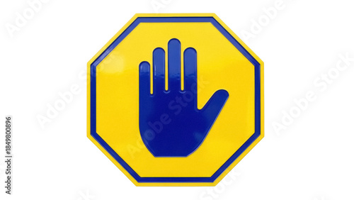 Isolated yellow octagon sign with a hand symbol, no entry sign concept, warning sign idea