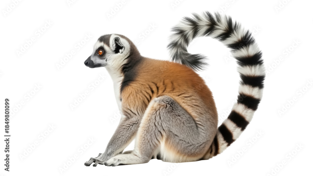 Obraz premium Isolated lemur sitting, looking left, with striped tail curled above its back in the studio