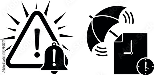 Black and white warning sign with bell and umbrella protecting clock vector icons set