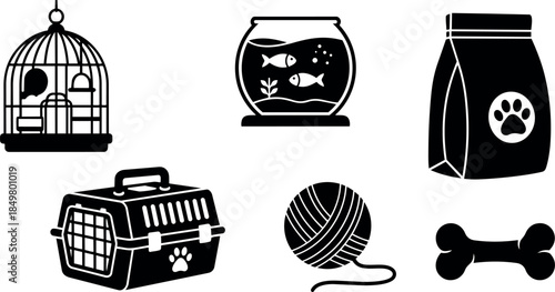 Black silhouette icons of birdcage with bird fishbowl with two fish pet food bag with paw print pet carrier with handle ball of yarn and dog bone