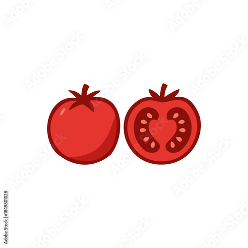 Flat red tomato illustration showing whole and sliced fruit, isolated on white background
