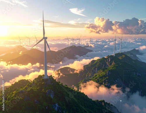 Majestic mountains with towering wind turbines integrated into the peaks, connected by intelligent energy grids