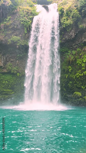 Majestic waterfall flowing into a turquoise pool with lush greenery