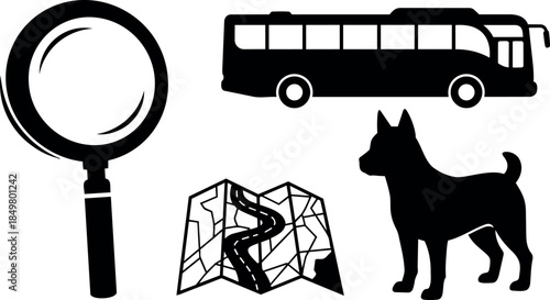 Black silhouette set of magnifying glass bus dog and folded map icons in simple vector style isolated on white background