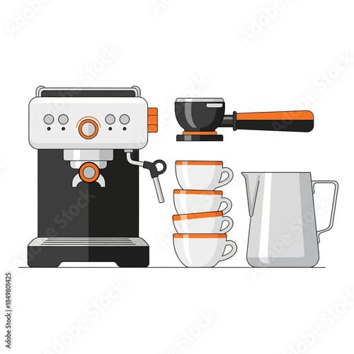 Minimalist illustration of a modern espresso coffee machine with cups and brewing accessories