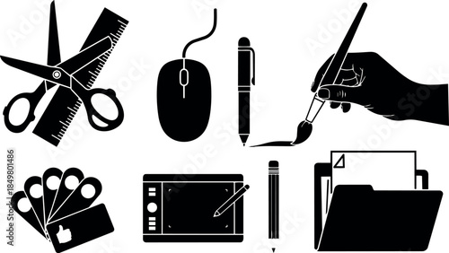 Flat design black silhouette icons of office supplies including scissors, mouse, pen, paintbrush, swatch cards, graphic tablet, pen stylus, folder and papers